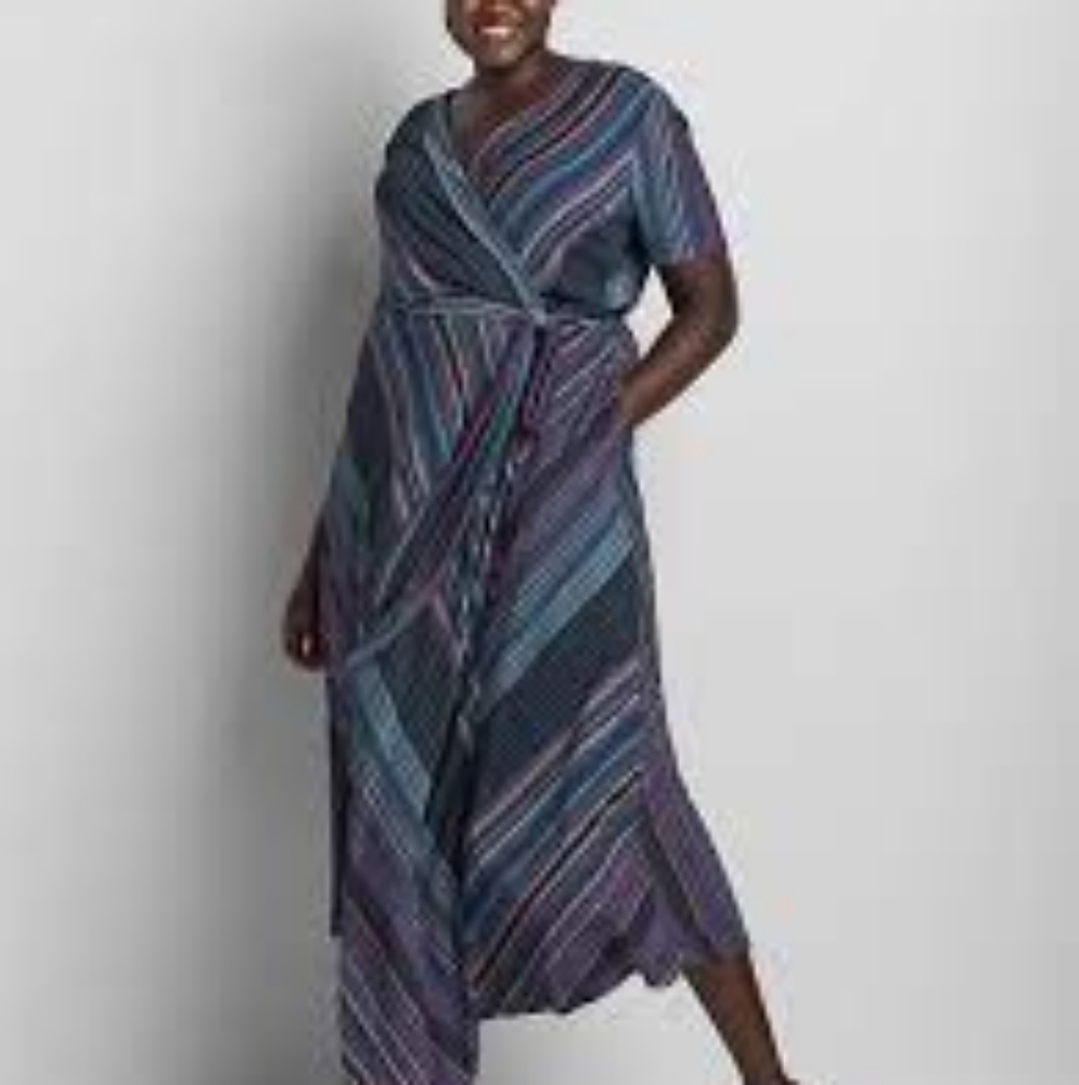 Lane Bryant NWT Sz 18/20 Fit & Flare Blue Striped Hacci Dress w Asymmetrical Hem
